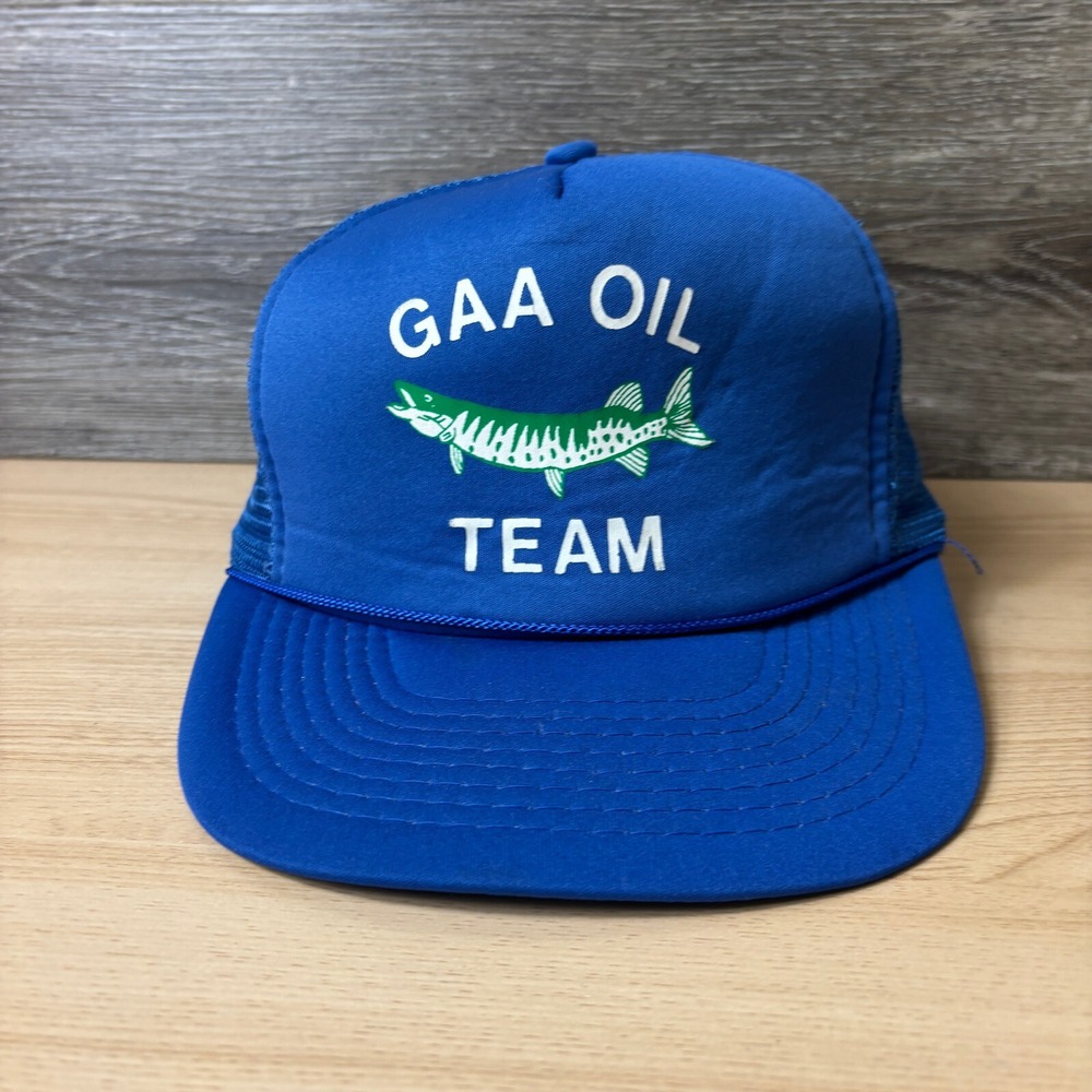 Vintage GAA Oil Hat Cap Snapback Blue Rope Trucker Team Fishing Adjustable